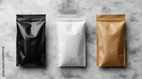 Set of sachet mockups in black, white, and kraft paper, shown from above for packaging presentation