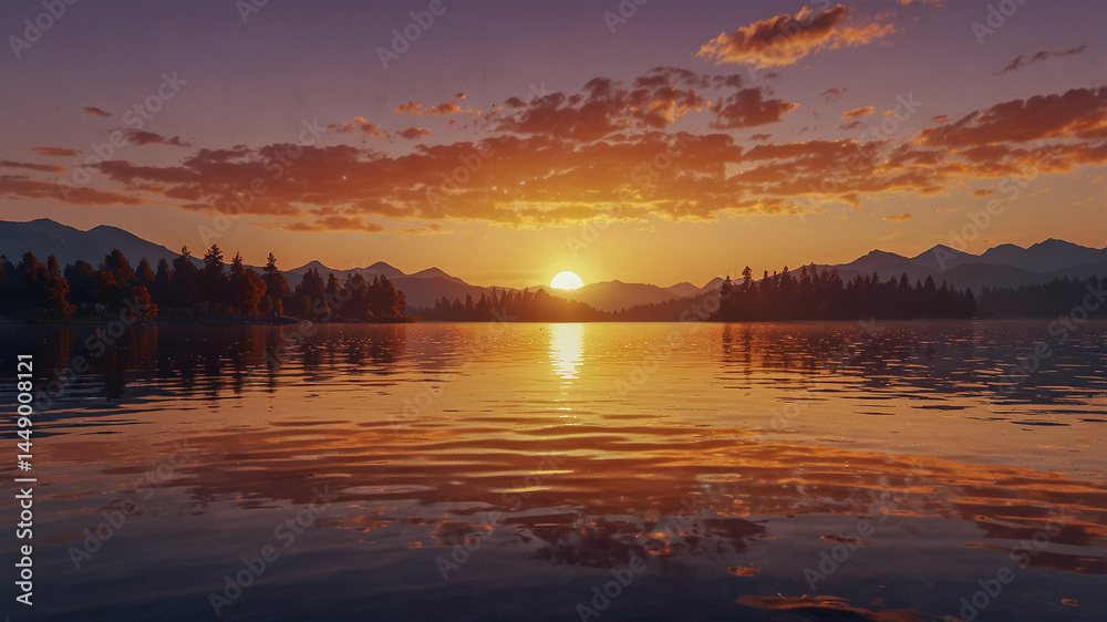 Naklejka premium Serene Sunrise Over Tranquil Lake And Mountains