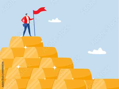 Gold investment concept, businessman success wealth manager, trader or rich investor sitting on stack of gold bar bullion,wealth management and asset allocation concept vector