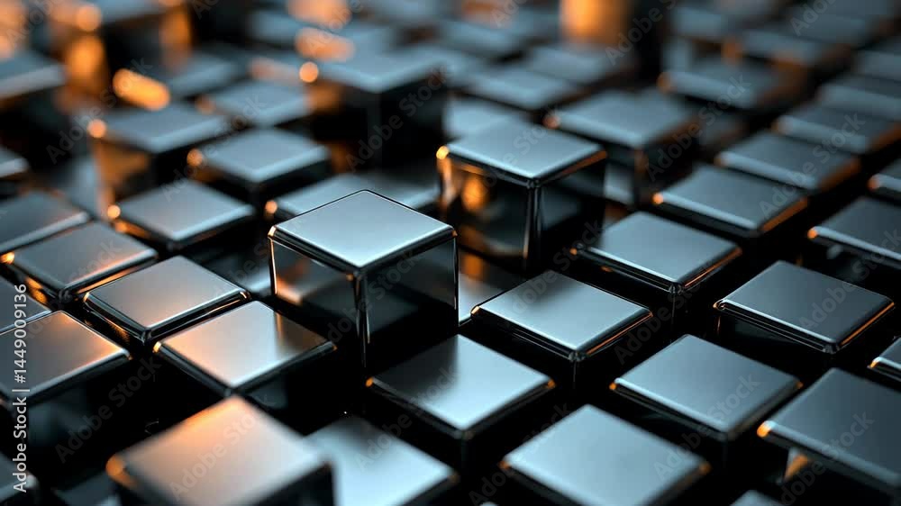Abstract image of numerous dark metallic cubes, some slightly elevated, reflecting light Abstract image of numerous dark metallic cubes, some slightly elevated, reflecting light