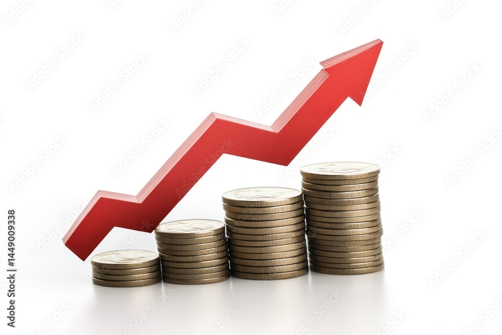 A red upward-trending graph sits atop stacks of gold coins, symbolizing increasing financial growth A red upward-trending graph sits atop stacks of gold coins, symbolizing increasing financial growth