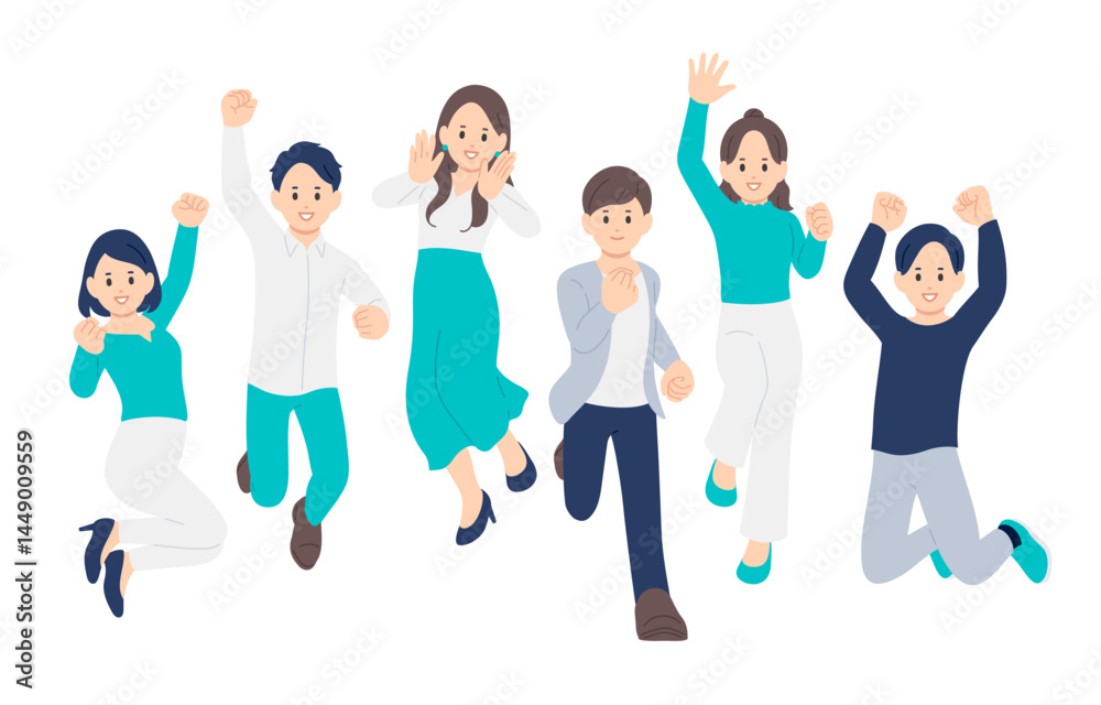 Naklejka premium ジャンプする若い男女の全身セット【人物ベクターイラスト素材】