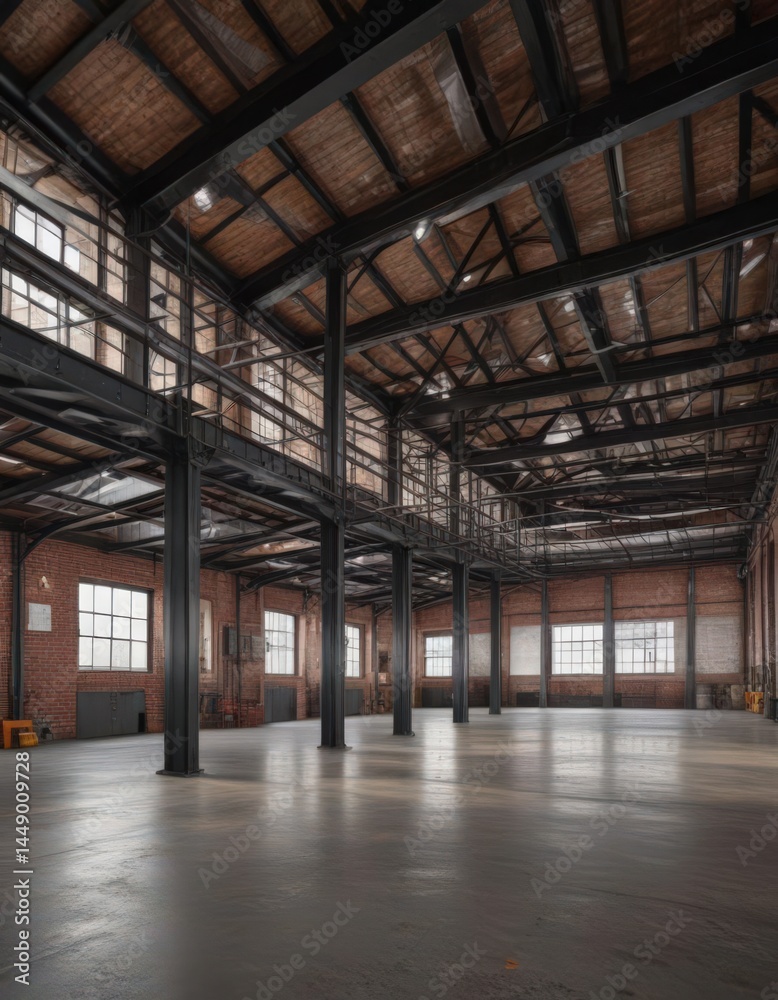 Industrial loft space, high ceiling with exposed ductwork and metal beams , photography, white Industrial loft space, high ceiling with exposed ductwork and metal beams , photography, white