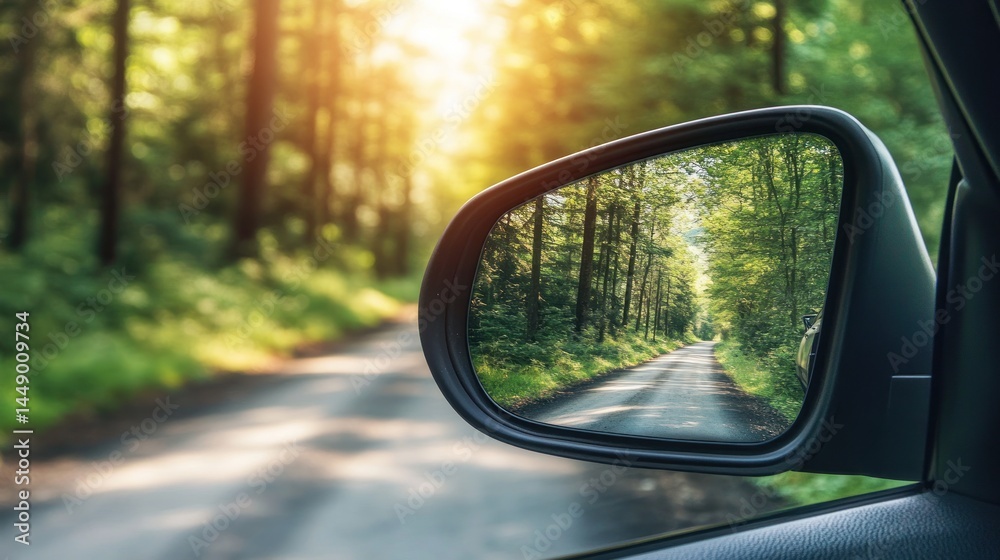 forest road reflected in a car's side mirror with sunlight streaming through the trees on a tranquil day during a countryside trip forest road reflected in a car's side mirror with sunlight streaming through the trees on a tranquil day during a countryside trip