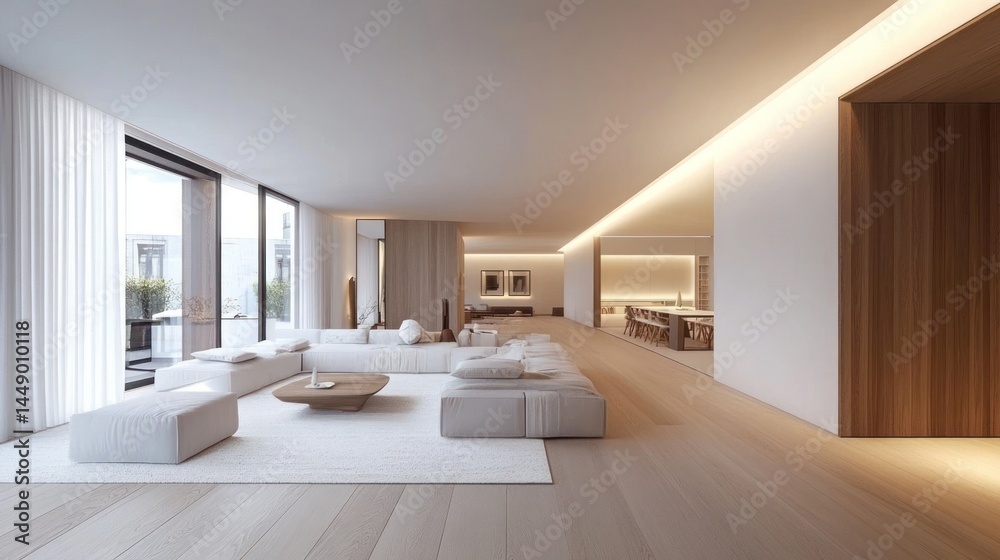 Fototapeta premium serene and minimalist modern living room design featuring expans