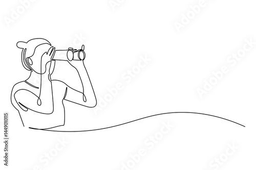 Continuous one line drawing of Young woman looking through with binocular. Single line drawing illustration of female Enjoy looking for beauty. Search concept vector art. Doodle line illustration.