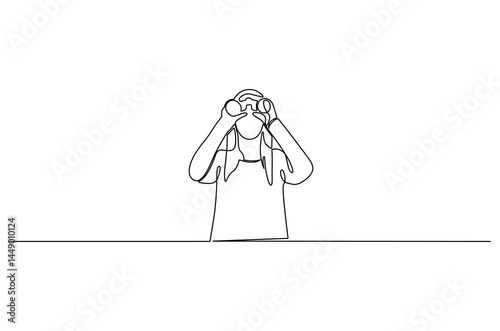 Continuous one line drawing of Young woman looking through with binocular. Single line drawing illustration of female Enjoy looking for beauty. Search concept vector art. Doodle line illustration.