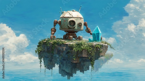 A dying maintenance bot clinging to its island's last working levitation crystal