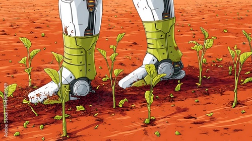 A farmer android planting Earth crops in red soil, its boots leaving green sprouts where it steps