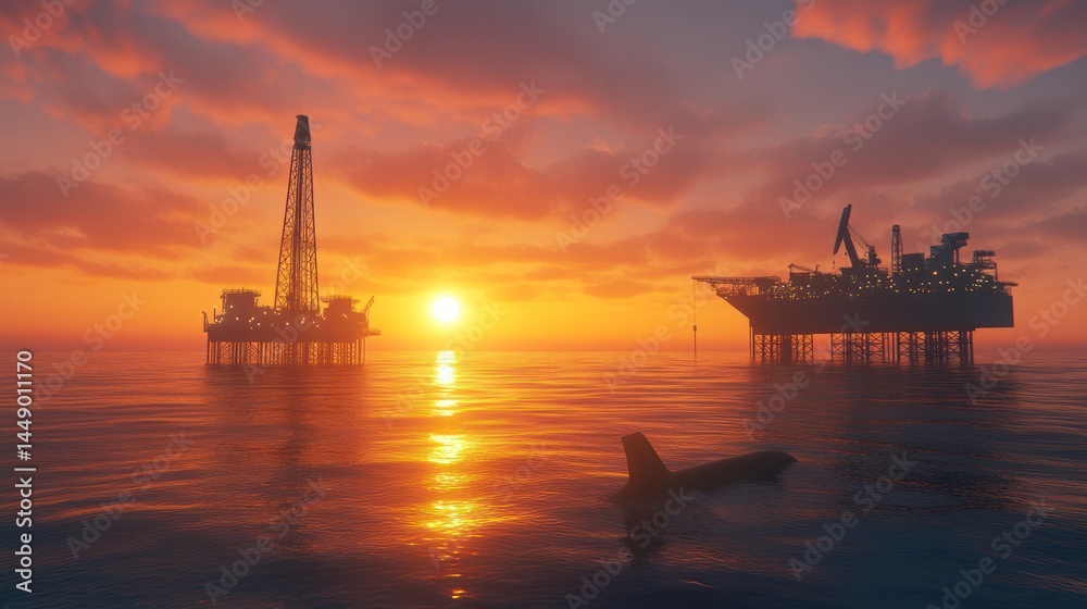 Obraz premium Oil rigs silhouette against sunset sky with whale in calm ocean