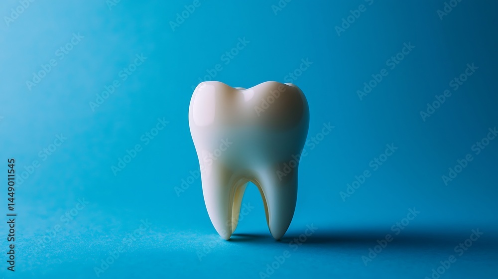 A Single Tooth Model on a Blue Background, Dental Care, Oral Health, Hygiene, Bright Smile, Perfect Teeth A Single Tooth Model on a Blue Background, Dental Care, Oral Health, Hygiene, Bright Smile, Perfect Teeth