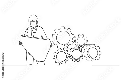 Continuous one line drawing of young engineers looking at gear mechanism. Single line drawing illustration of man looking gear. Business plan concept vector art. Doodle line illustration.