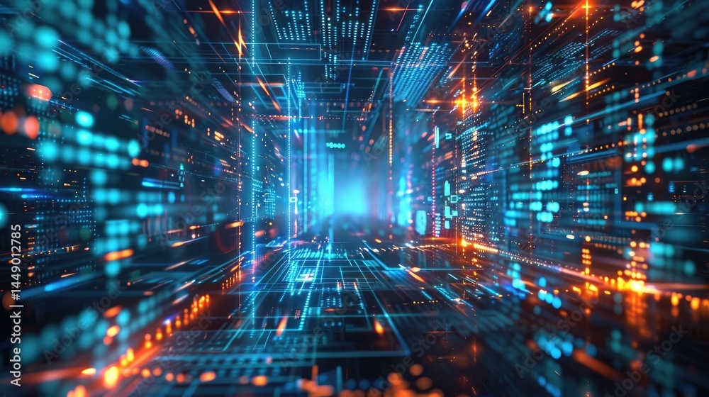 Fototapeta premium Immerse yourself in this vibrant futuristic digital space, showcasing intricate light patterns and data streams that create a mesmerizing visual experience.