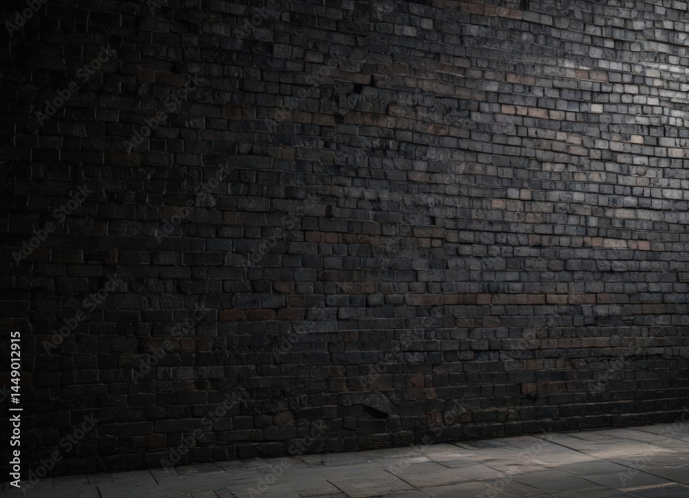 Fototapeta premium Deep shadows on a black brick wall Heavy texture, distressed mortar Bleak, moody , dirty, design, crumbling