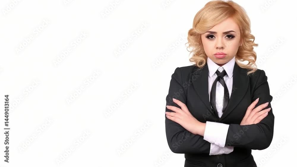 Confident Businesswoman in Professional Attire with Serious Expression in Studio Setting Confident Businesswoman in Professional Attire with Serious Expression in Studio Setting