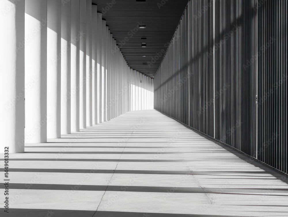 Obraz premium Long, white-walled corridor with dark window framing. Sunlight creates strong shadows on the floor