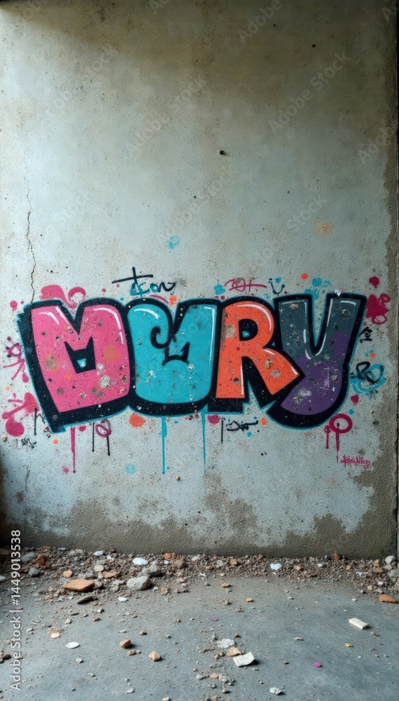 Grey concrete wall with scattered graffiti and debris, littered street, crumbling surfaces, messy environment Grey concrete wall with scattered graffiti and debris, littered street, crumbling surfaces, messy environment