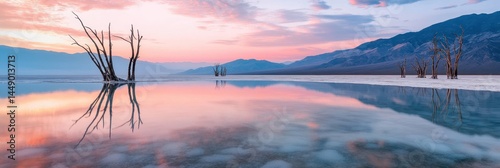 Calm, tranquil lake at dawn, reflected trees