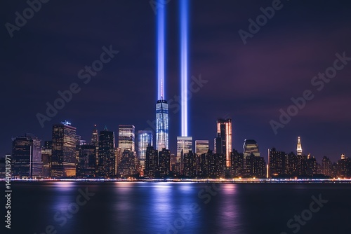 NYC skyline at night Tribute in Light beams shining bright over the illuminated cityscape reflecting on calm waters
