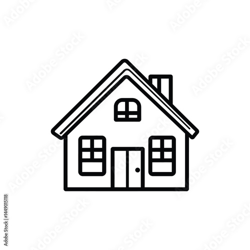 Outline House Icon with Chimney, Door, and Windows on Transparent Background