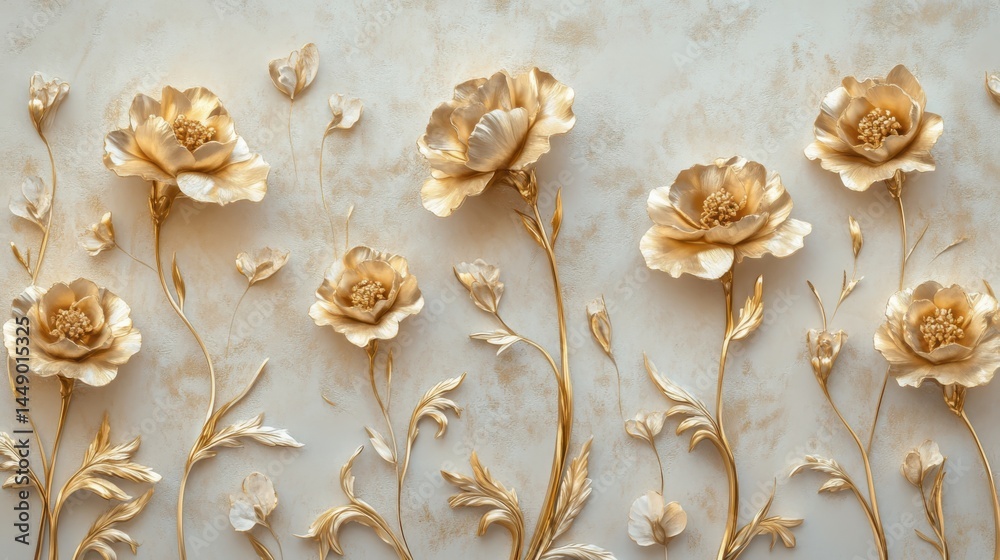 Golden Carnations with Stucco Stems and Leaves An elegant 3D floral background. Elegant 3D Floral Background Featuring Golden Carnations with Stucco Stems and Leaves.