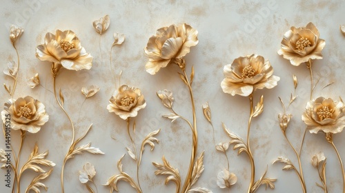 Obraz na płótnie Golden Carnations with Stucco Stems and Leaves An elegant 3D floral background. Elegant 3D Floral Background Featuring Golden Carnations with Stucco Stems and Leaves. w salonie