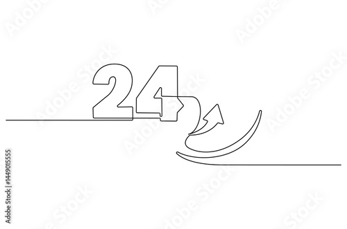 Continuous one line drawing of 24 Hours icon. Single line drawing illustration of Open every day service. Busines icon concept vector art. Doodle line illustration.