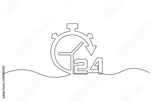 Continuous one line drawing of 24 Hours icon. Single line drawing illustration of Open every day service. Busines icon concept vector art. Doodle line illustration.