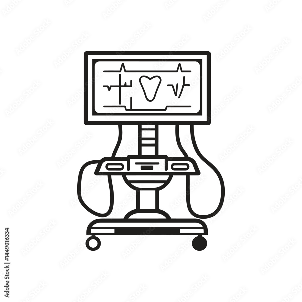 Outline Medical Monitor on Wheels with Heart Rate Display and Transparent Background