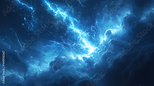 Pulsing neon blue electric storm radiating from a central energy source. [Electric Myths] | Thunderborn Deities | storm origin. Illustration