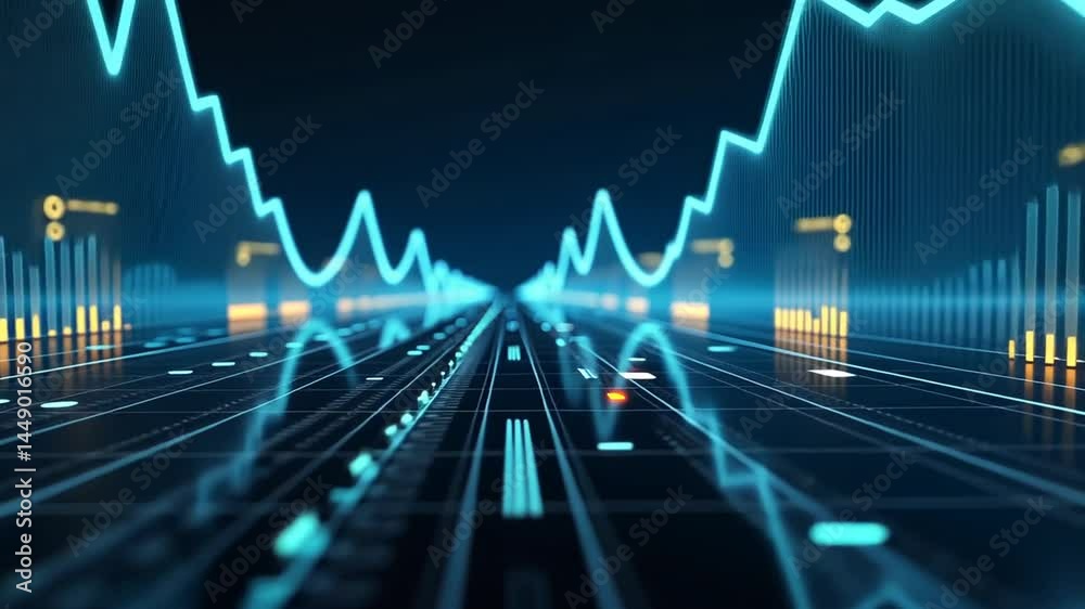 Virtual stock market lines and financial charts over dark background.	