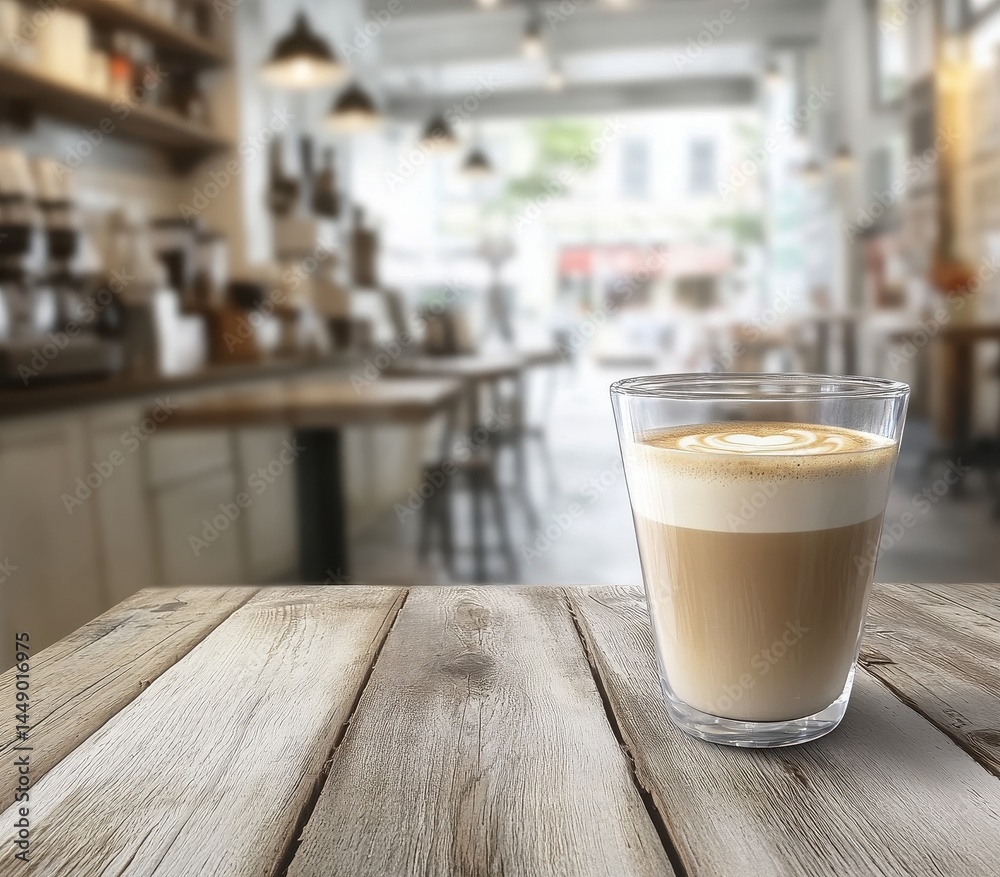 Latte on wooden table in a cafe. Blurry background of interior with tables and chairs, appliances, and people Latte on wooden table in a cafe. Blurry background of interior with tables and chairs, appliances, and people