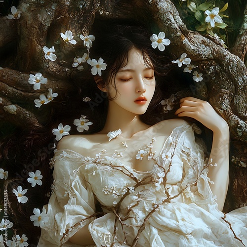 Fairy Maiden Resting Against An Ancient Tree, Hair Tangled With Wildflowers,