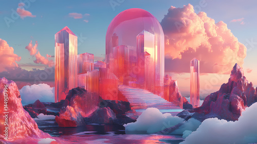Surreal dream a surreal dream landscape with melting objects dis. surreal melting architecture. illustration. [Dream Architectures] | Velvet Domes | plush tops. Illustration