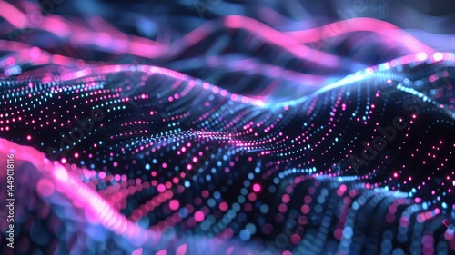 Abstract picture of neon light particle with digital technology style design connecting become dynamic of electric wave movement represent about flowing of data or structure of network system. AIG53.