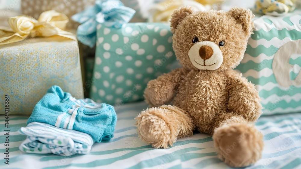 Fototapeta premium Adorable teddy bear sits amidst baby shower gifts. Pastel blue and yellow presents and baby clothes are scattered around. Perfect for baby announcements or nursery themes.