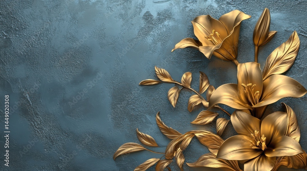 Golden Lily with Stucco Stems and Leaves An elegant 3D floral background. Elegant 3D Floral Background Featuring Golden Lily with Stucco Stems and Leaves.
