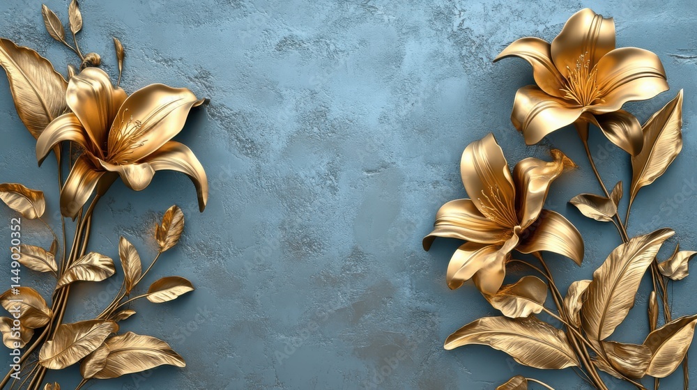 Golden Lily with Stucco Stems and Leaves An elegant 3D floral background. Elegant 3D Floral Background Featuring Golden Lily with Stucco Stems and Leaves.