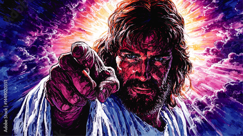 Vivid Abstract Portrait of Jesus Pointing Forward with Radiant Light and Expressive Clouds – Inspirational Digital Art Illustration