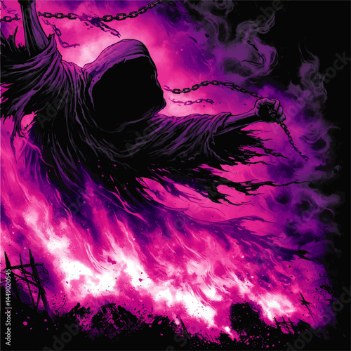 Dark Grim Reaper Illustration with Chains and Flowing Cloak Over Purple Flames – Mysterious Fantasy Concept Art Background