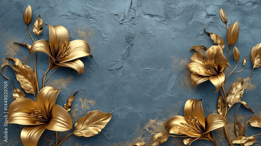 Golden Lily with Stucco Stems and Leaves An elegant 3D floral background. Elegant 3D Floral Background Featuring Golden Lily with Stucco Stems and Leaves.