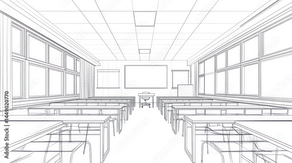Architectural blueprint of classroom interior, modern design, study room, potential use for educational websites, books, etc
