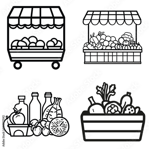Outlined Fruit Vegetable Collection Featuring Market Stalls and Baskets on Isolated White