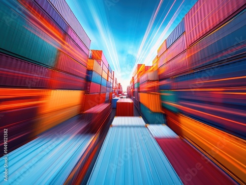 Fast-moving shipping containers.  Colorful cargo boxes fill a perspective, streaking with speed
