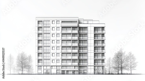 Architectural drawing of a multi-story apartment building, urban setting. Possible use stock photography for architectural renderings photo