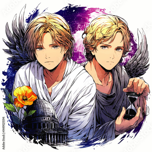 Anime Style Twin Angels with Black Wings, Flower, Hourglass, and Classical Dome Building Against Cosmic Background Illustration