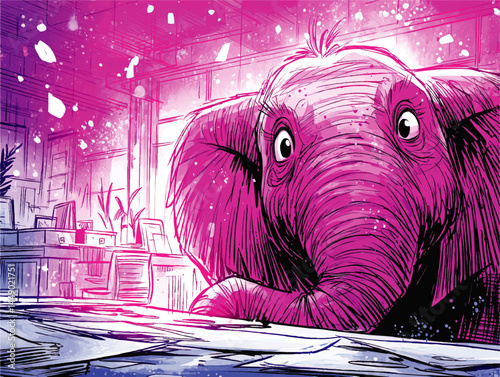 Surreal Pink Elephant in Office Setting – Whimsical Cartoon Illustration with Vibrant Colors and Fantasy Corporate Concept