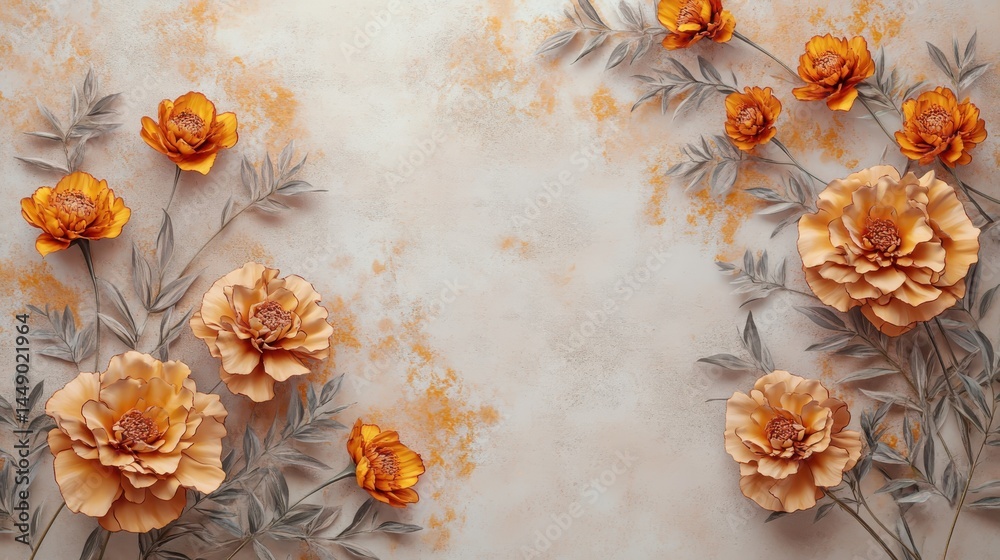 Golden Marigold with Stucco Stems and Leaves An elegant 3D floral background. Elegant 3D Floral Background Featuring Golden Marigold with Stucco Stems and Leaves.