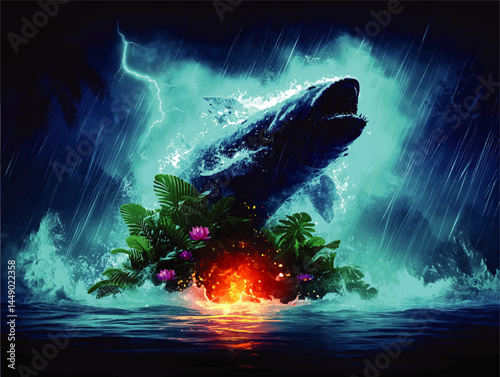 Majestic Whale Breaching in Stormy Ocean with Lush Tropical Island and Fiery Glow, Fantasy Digital Art Illustration