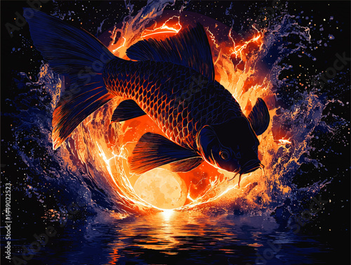 Majestic Koi Fish Leaping Over Fiery Moonlit Water with Splash and Abstract Night Sky – Vibrant Digital Illustration Art